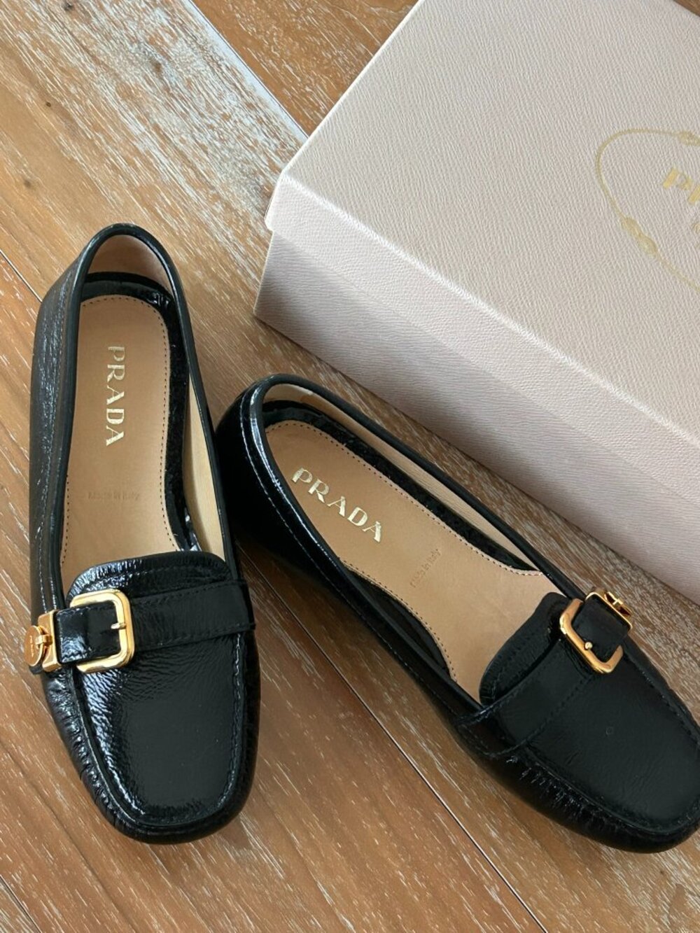 Prada Black Patent Leather Gold Buckle Loafers EU 36.5 - Picture 8 of 16